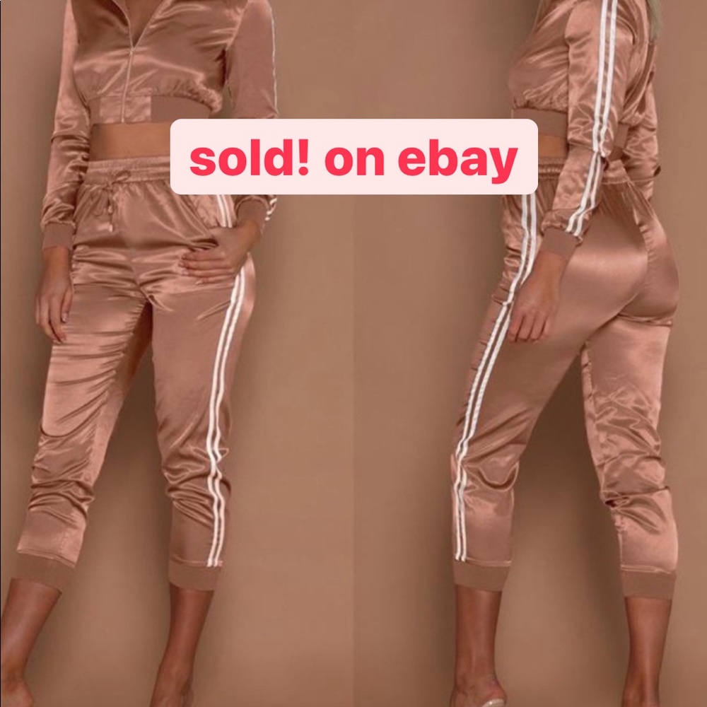 Rose gold silk tracksuit set with white stripes